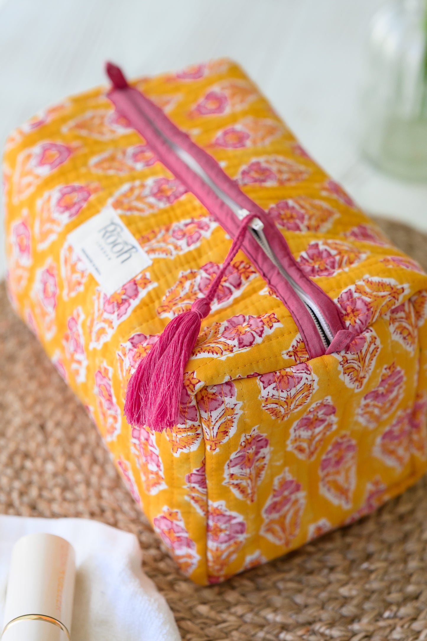 QUILTED COTTON WASH BAG  - YELLOW & PINK FLORAL