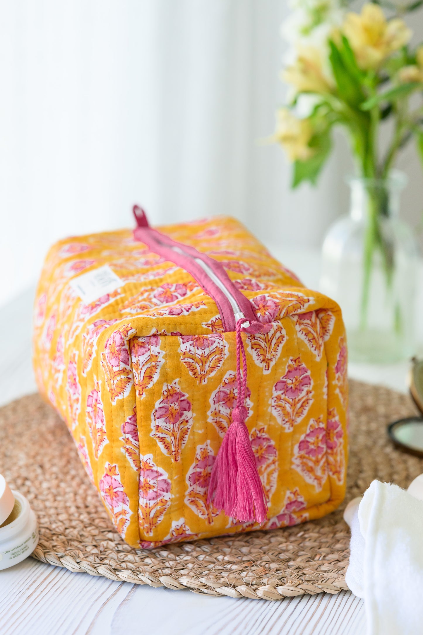QUILTED COTTON WASH BAG  - YELLOW & PINK FLORAL