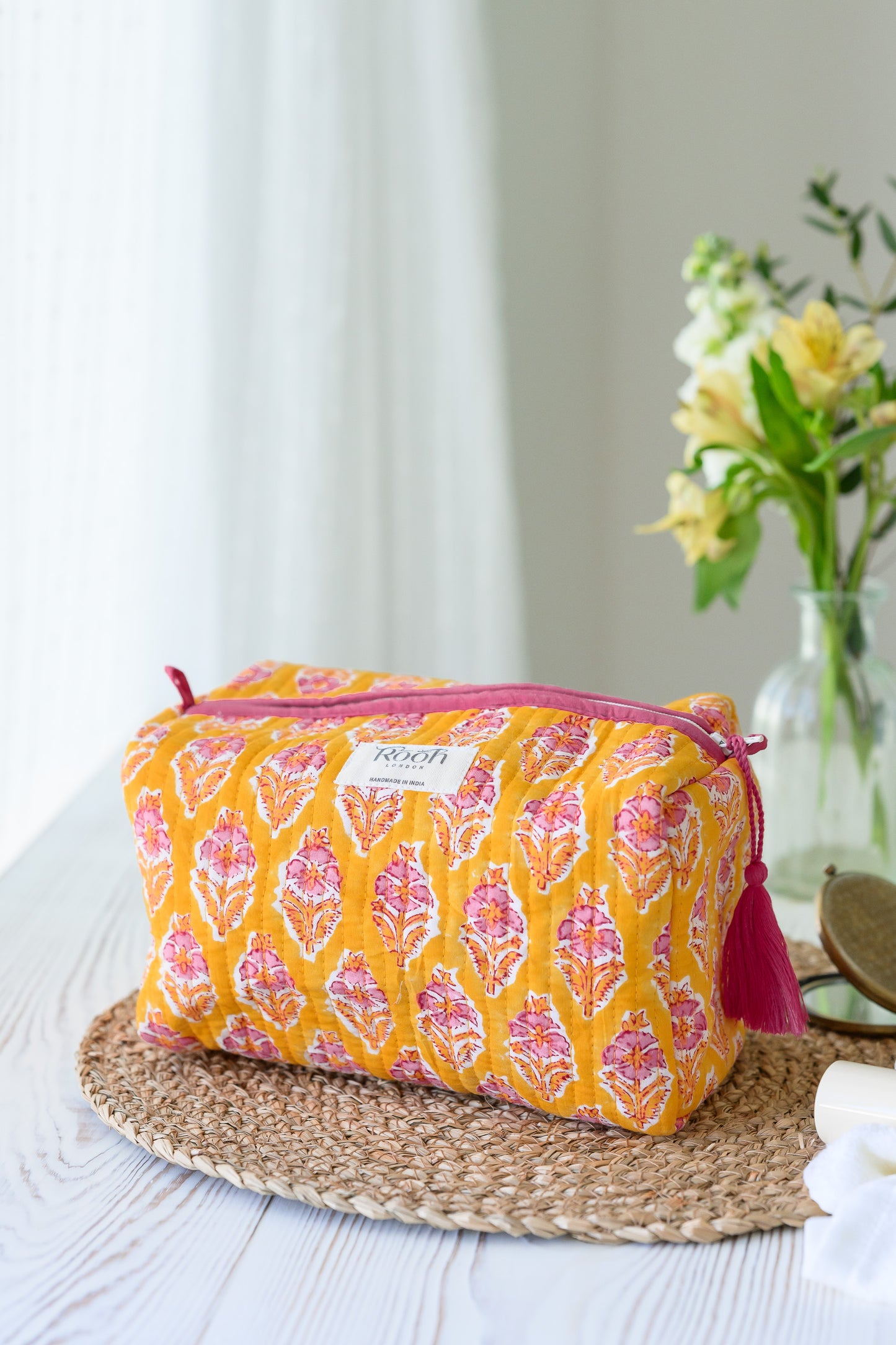 QUILTED COTTON WASH BAG  - YELLOW & PINK FLORAL