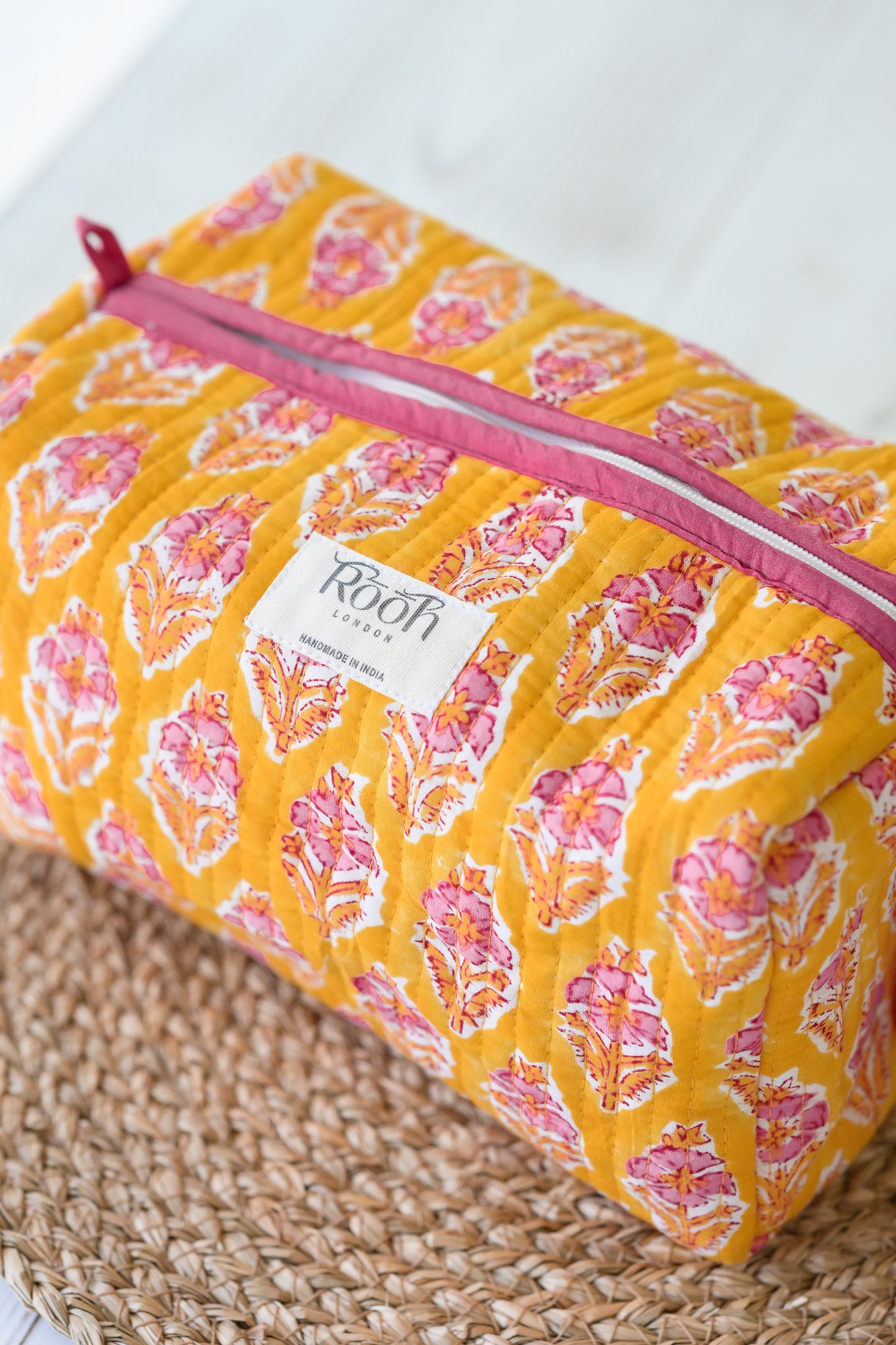 QUILTED COTTON WASH BAG  - YELLOW & PINK FLORAL