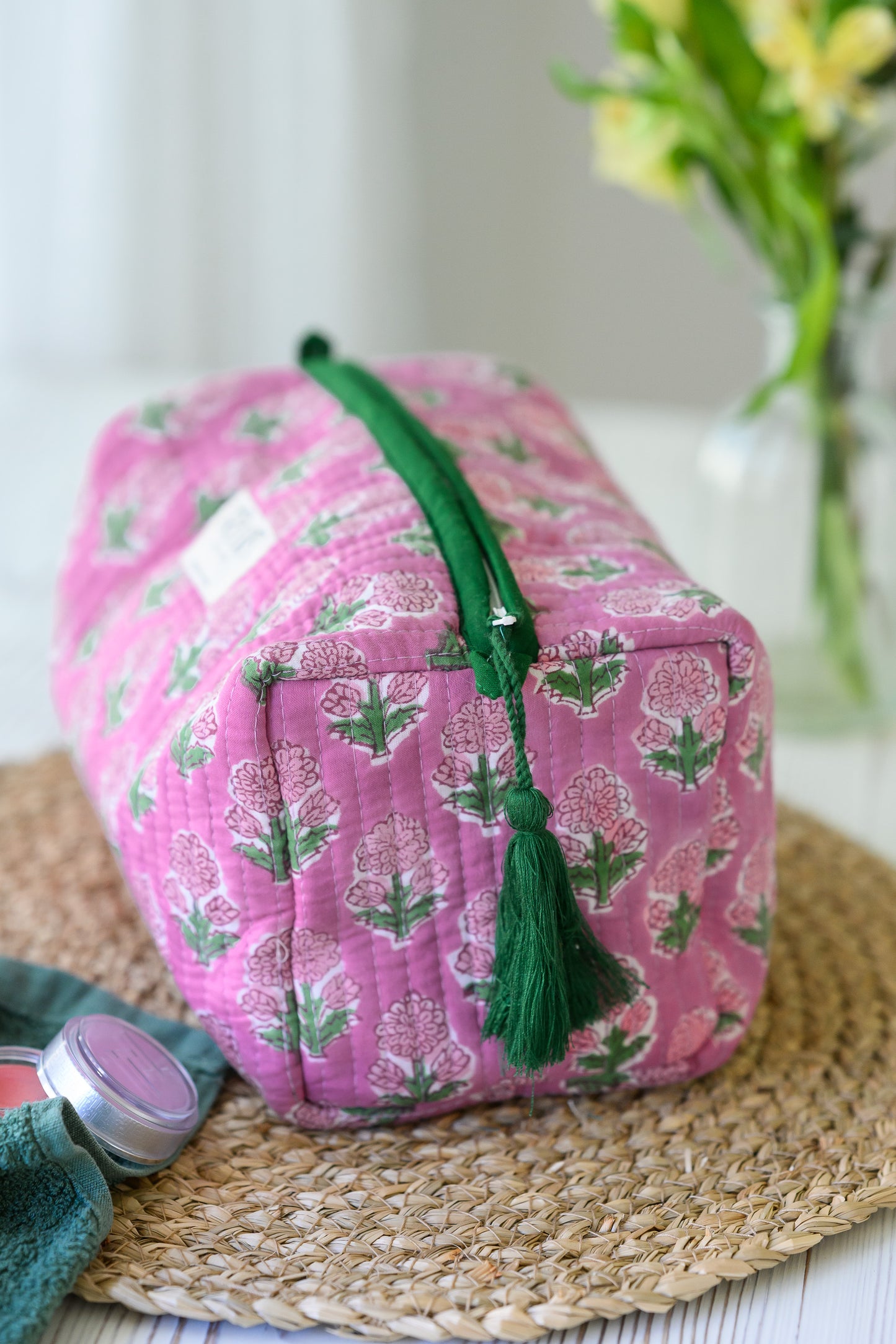 QUILTED COTTON WASH BAG  - MAUVE & GREEN FLORAL