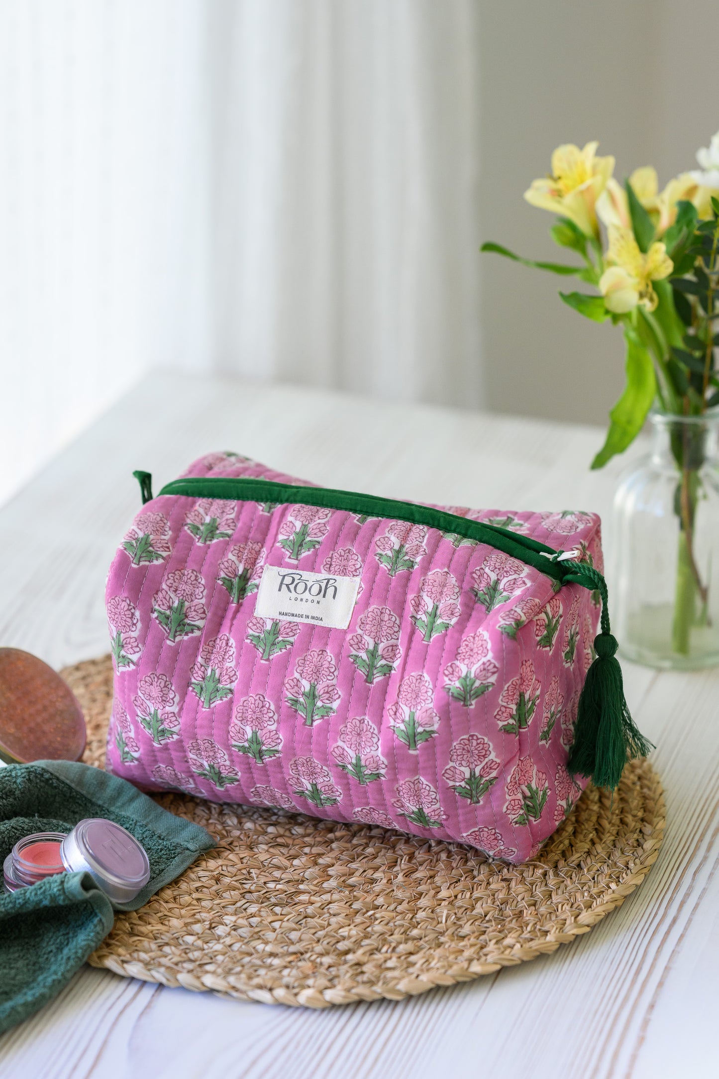 QUILTED COTTON WASH BAG  - MAUVE & GREEN FLORAL