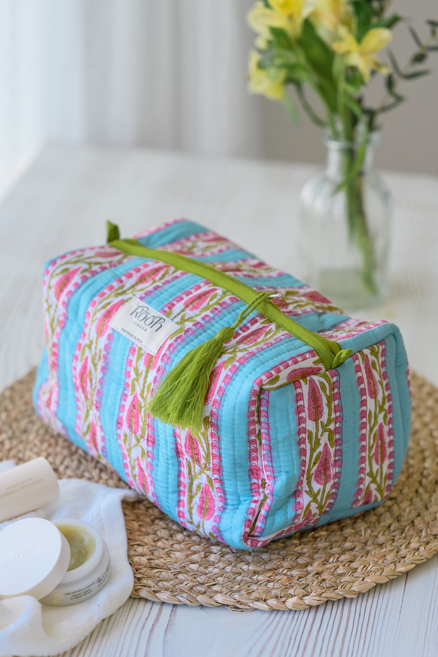 QUILTED COTTON WASH BAG  - BLUE STRIPE FLORAL