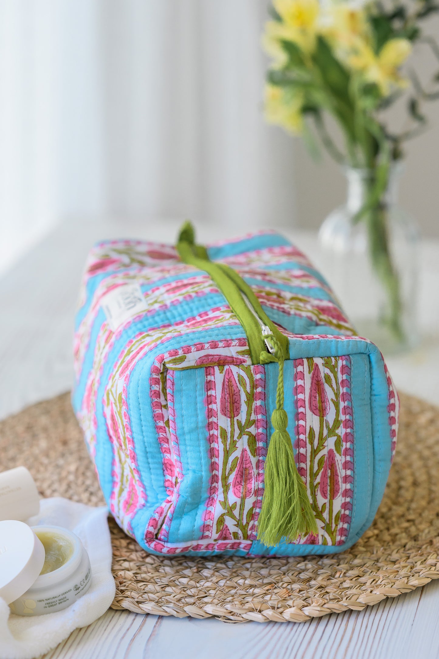QUILTED COTTON WASH BAG  - BLUE STRIPE FLORAL