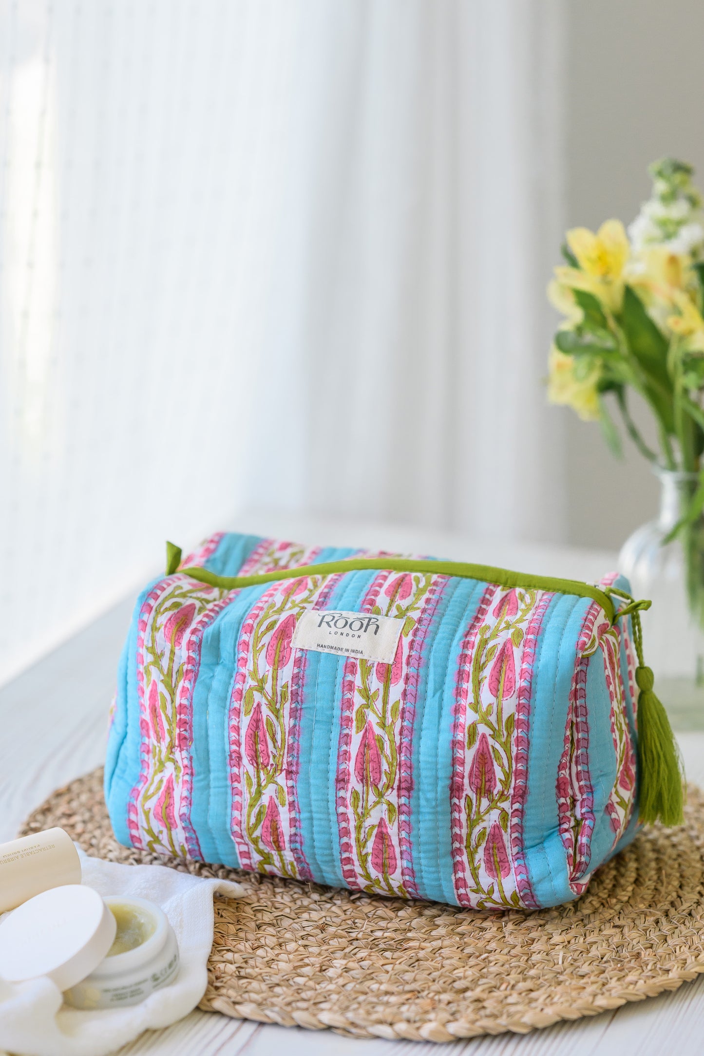QUILTED COTTON WASH BAG  - BLUE STRIPE FLORAL