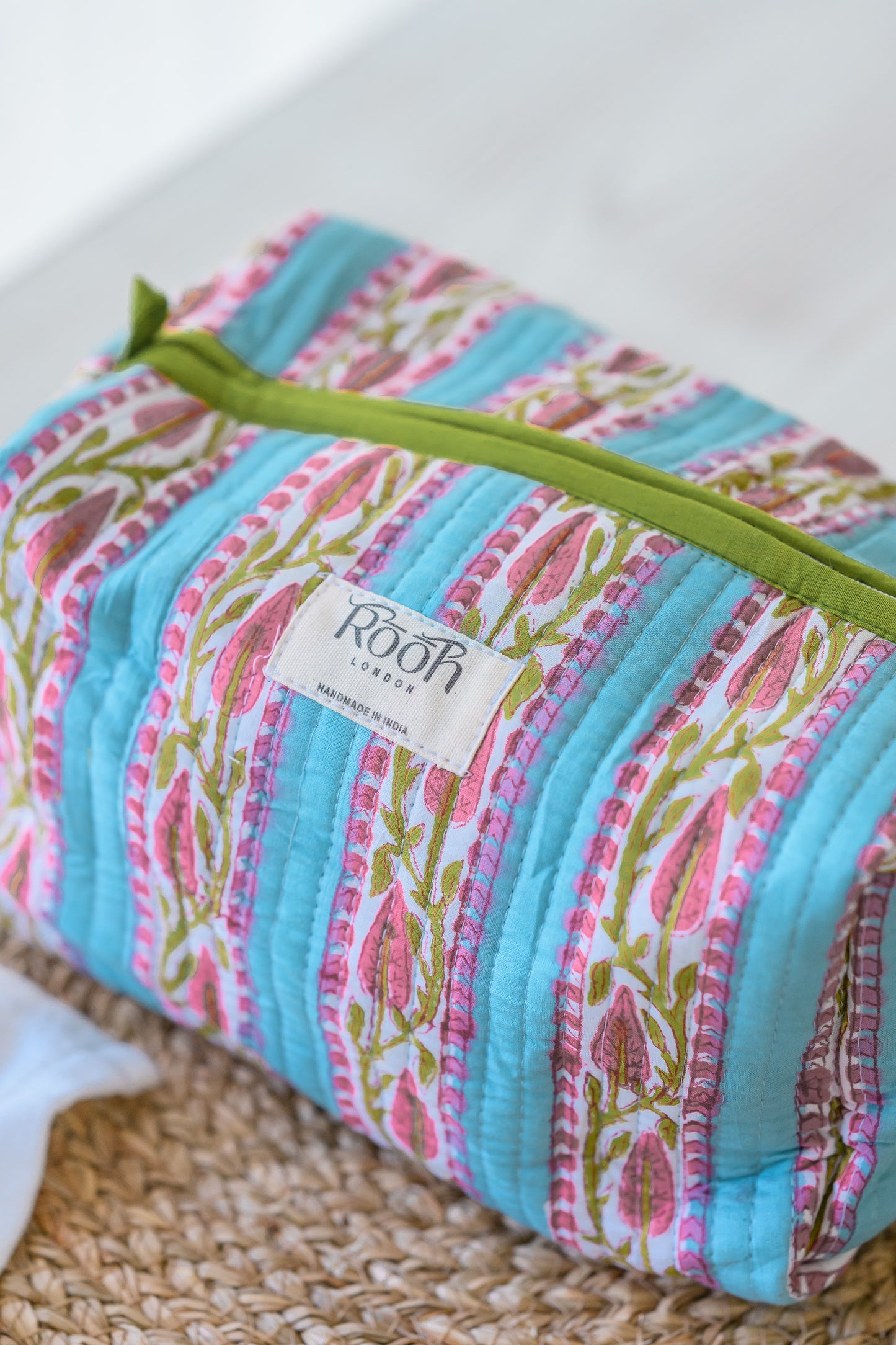 QUILTED COTTON WASH BAG  - BLUE STRIPE FLORAL
