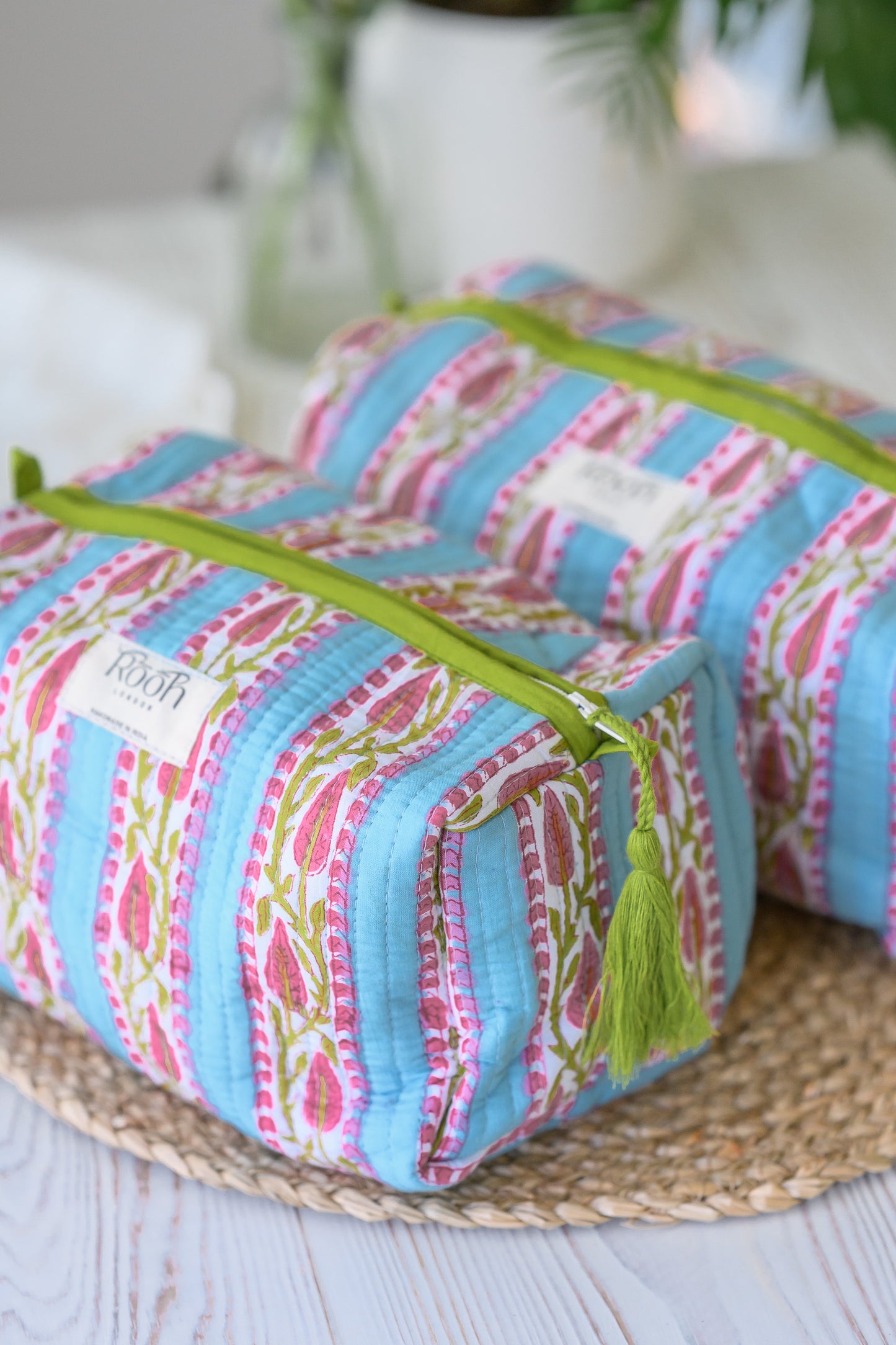 QUILTED COTTON WASH BAG  - BLUE STRIPE FLORAL