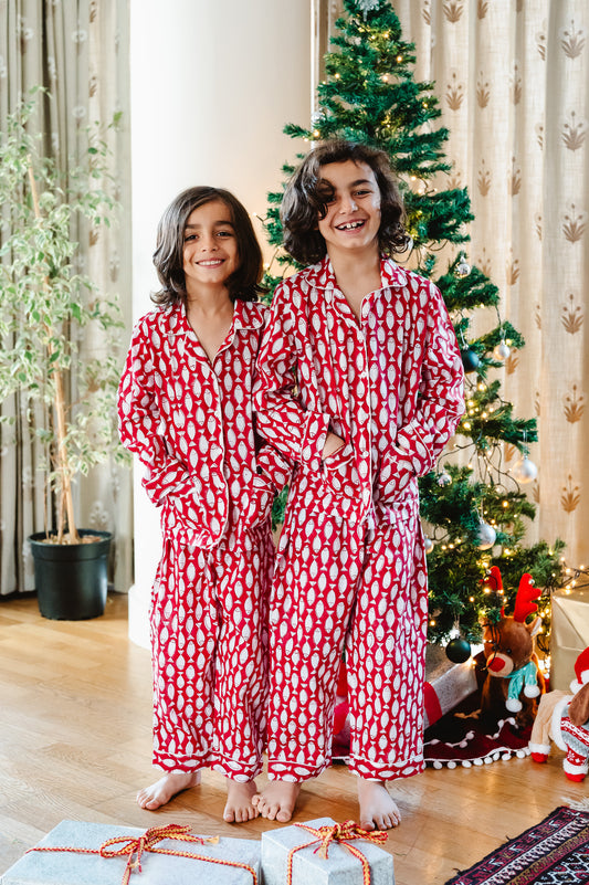 UNISEX KIDS COTTON PYJAMAS IN RED FISH