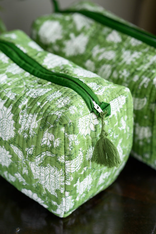 QUILTED COTTON BLOCK PRINT WASH BAG  - FLORAL GREEN