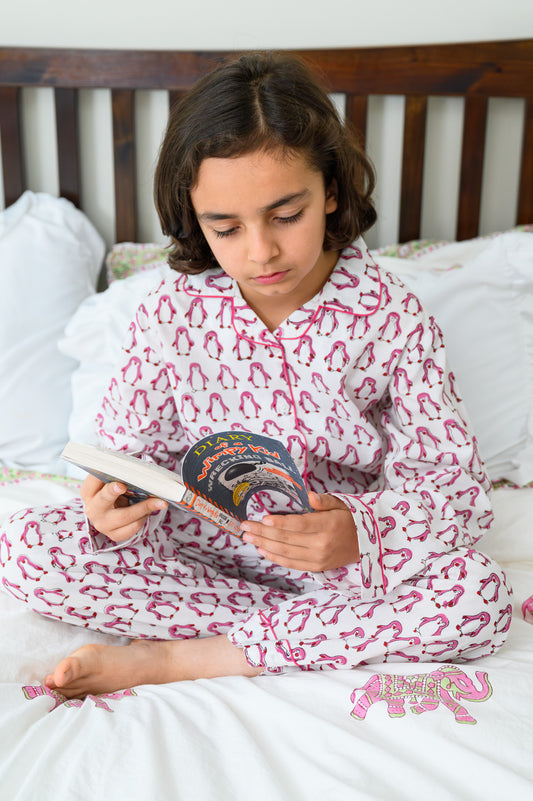 PINK PENGUIN PARADE KIDS COTTON PYJAMAS