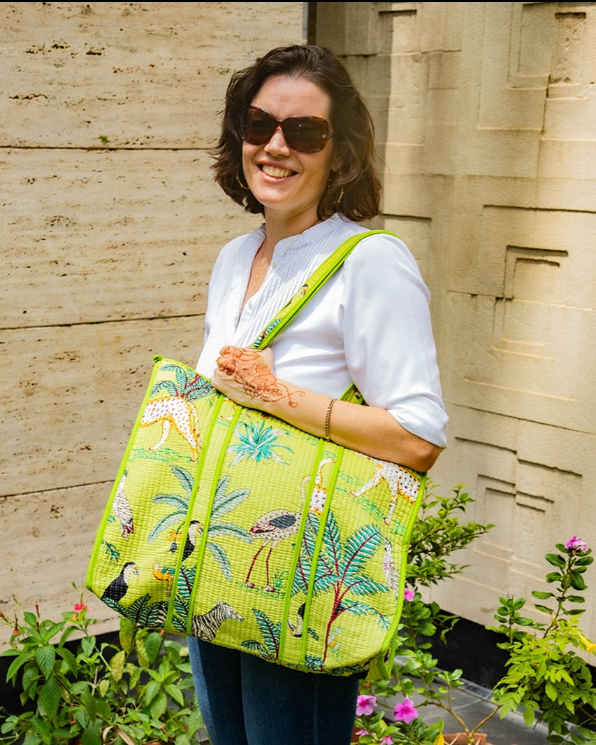 GREEN JUNGLE BLOCK PRINT QUILTED TOTE BAG