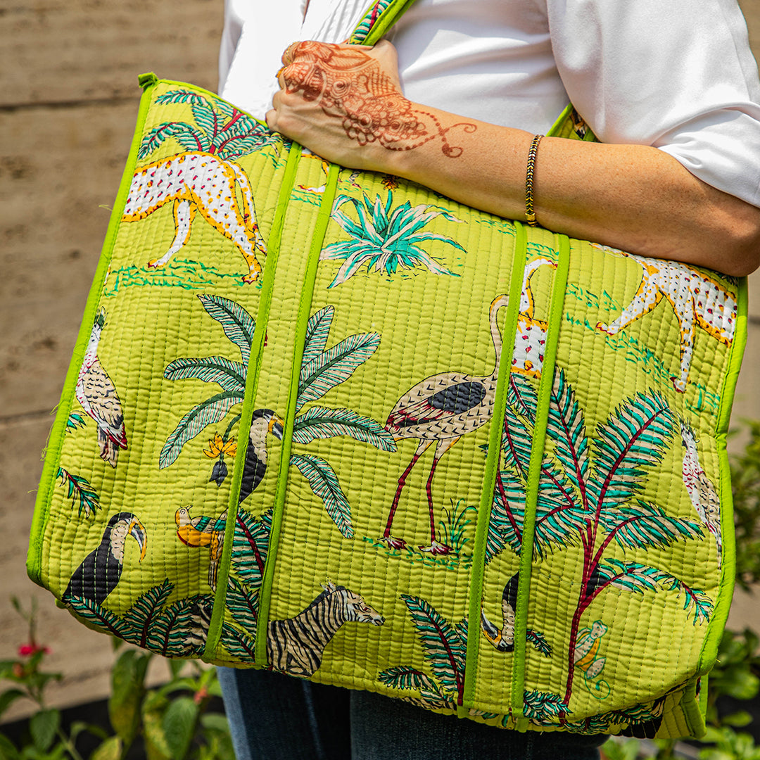 GREEN JUNGLE BLOCK PRINT QUILTED TOTE BAG