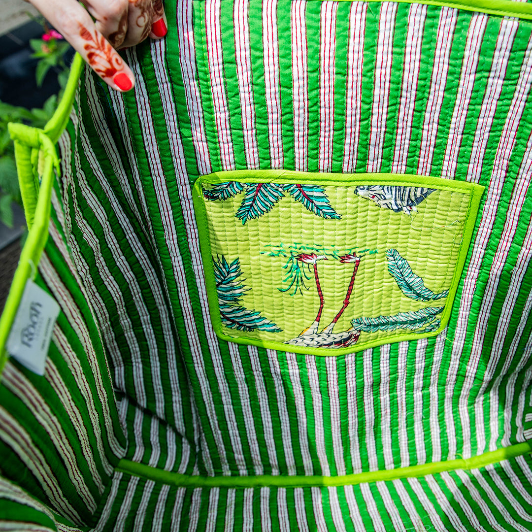 GREEN JUNGLE BLOCK PRINT QUILTED TOTE BAG
