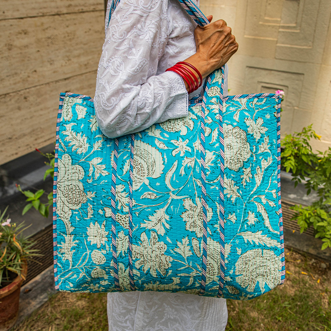 BLUE FLORAL BLOCK PRINT QUILTED TOTE BAG