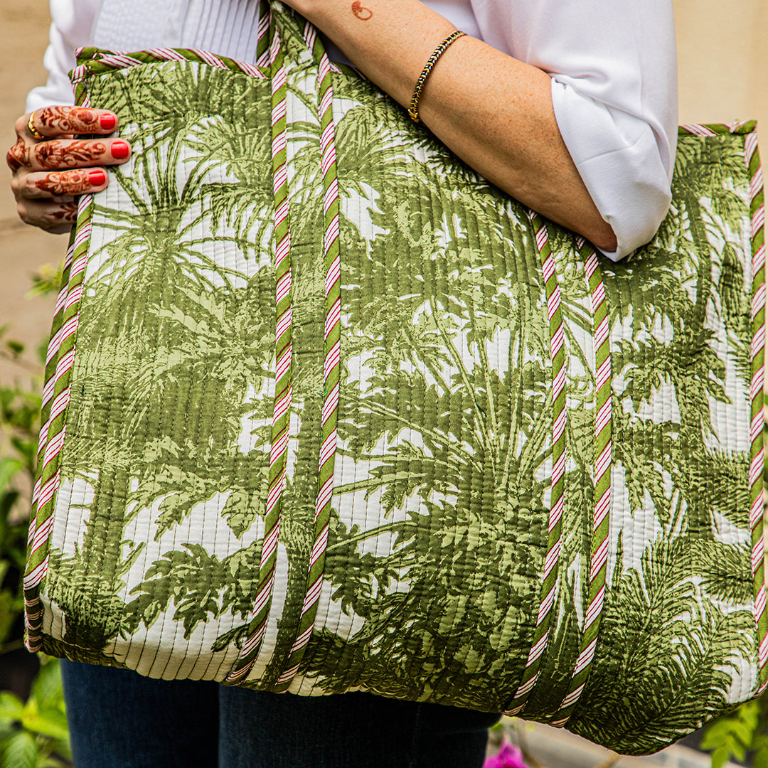 PALM GROVE BLOCK PRINT QUILTED TOTE BAG