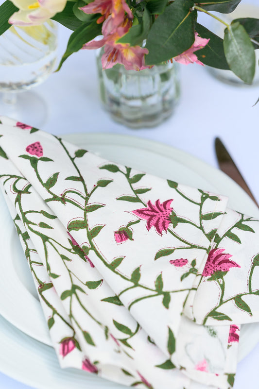 PINK FLORAL VINE BLOCK PRINT NAPKINS
