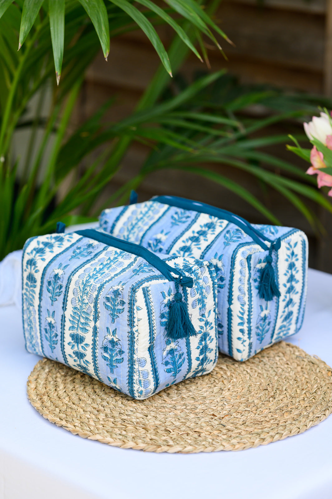 QUILTED COTTON BLOCK PRINT WASH BAG - BLUE STRIPED FLORAL

