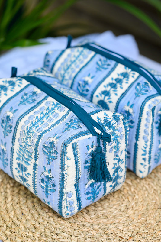 QUILTED COTTON BLOCK PRINT WASH BAG - BLUE STRIPED FLORAL
