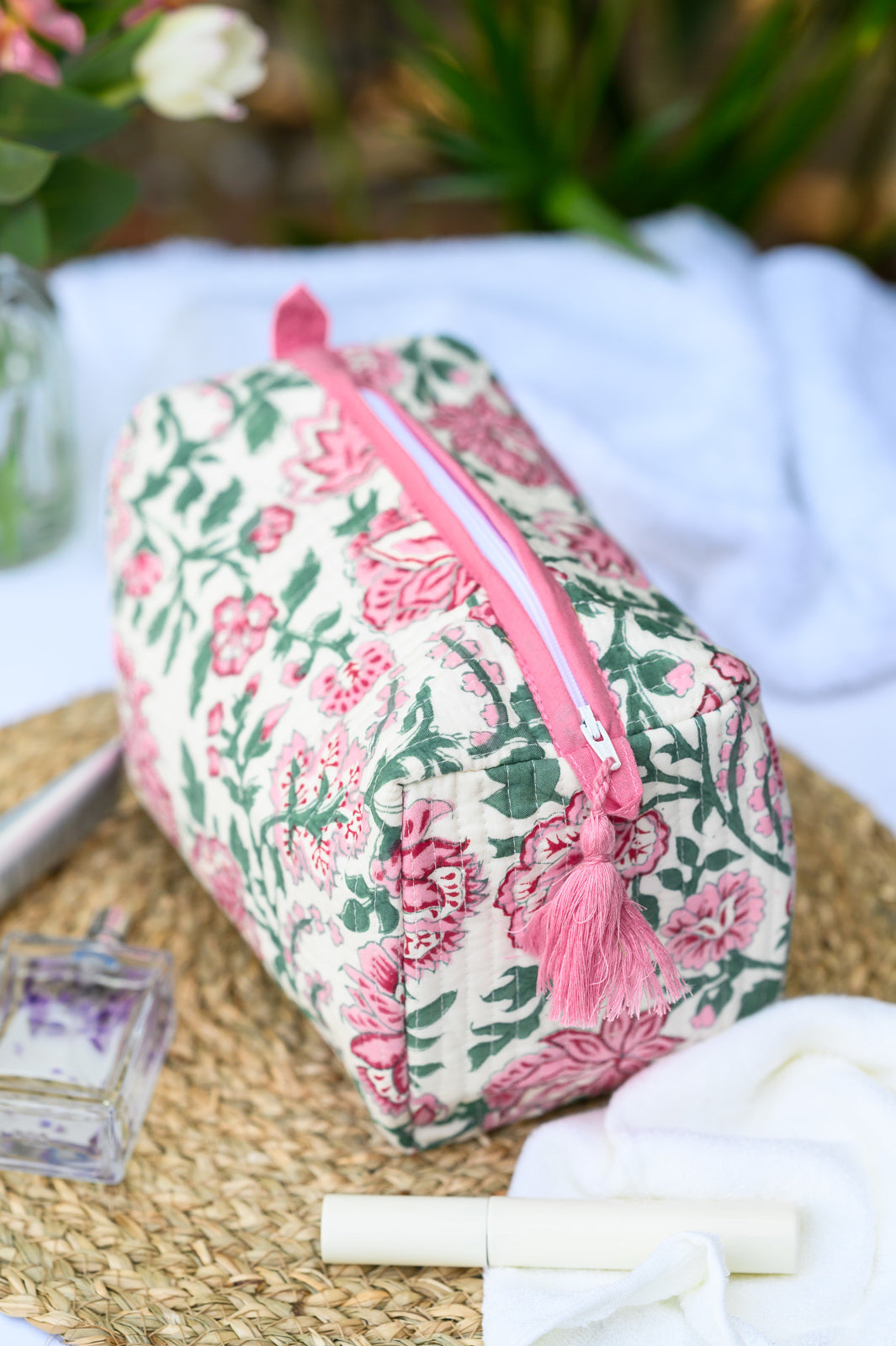 Quilted Cotton Block Print Washbag | White Floral