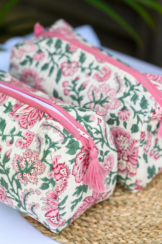 Quilted Cotton Block Print Washbag | White Floral