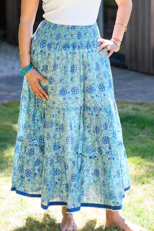 LYLA COTTON MAXI SKIRT - AQUA BLUE & LUREX