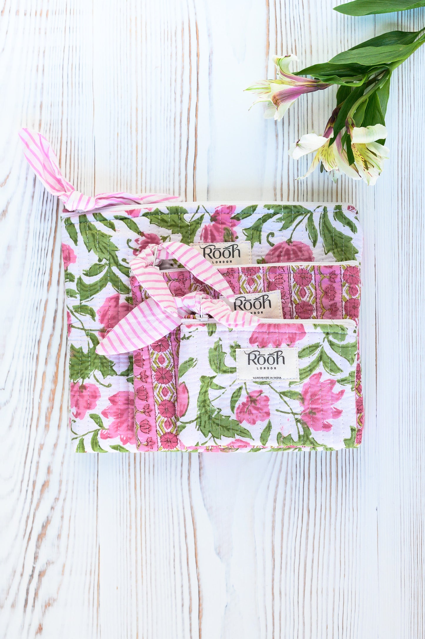 PINK FLORAL QUILTED POUCH (SET OF 3)