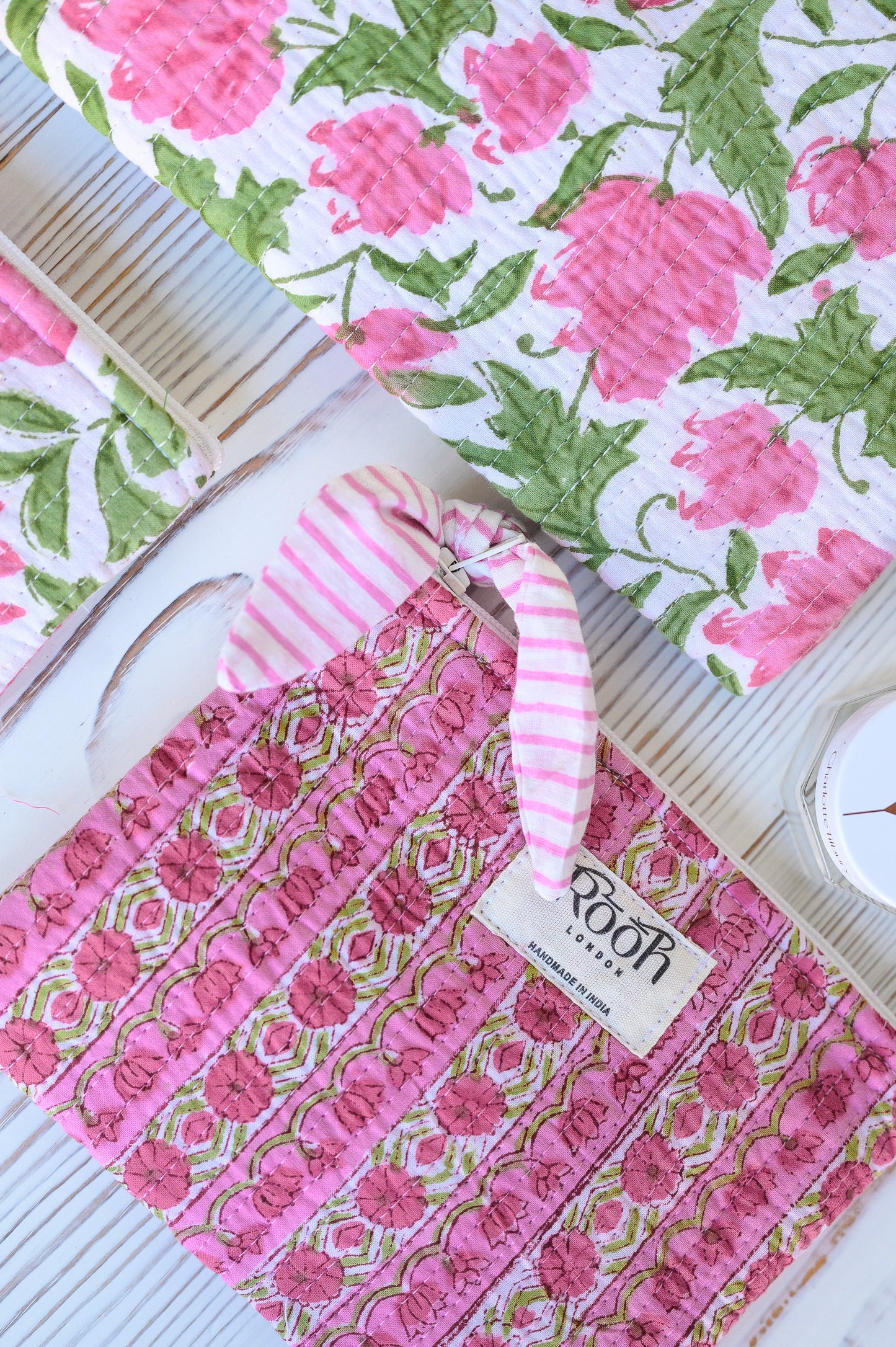 PINK FLORAL QUILTED POUCH (SET OF 3)