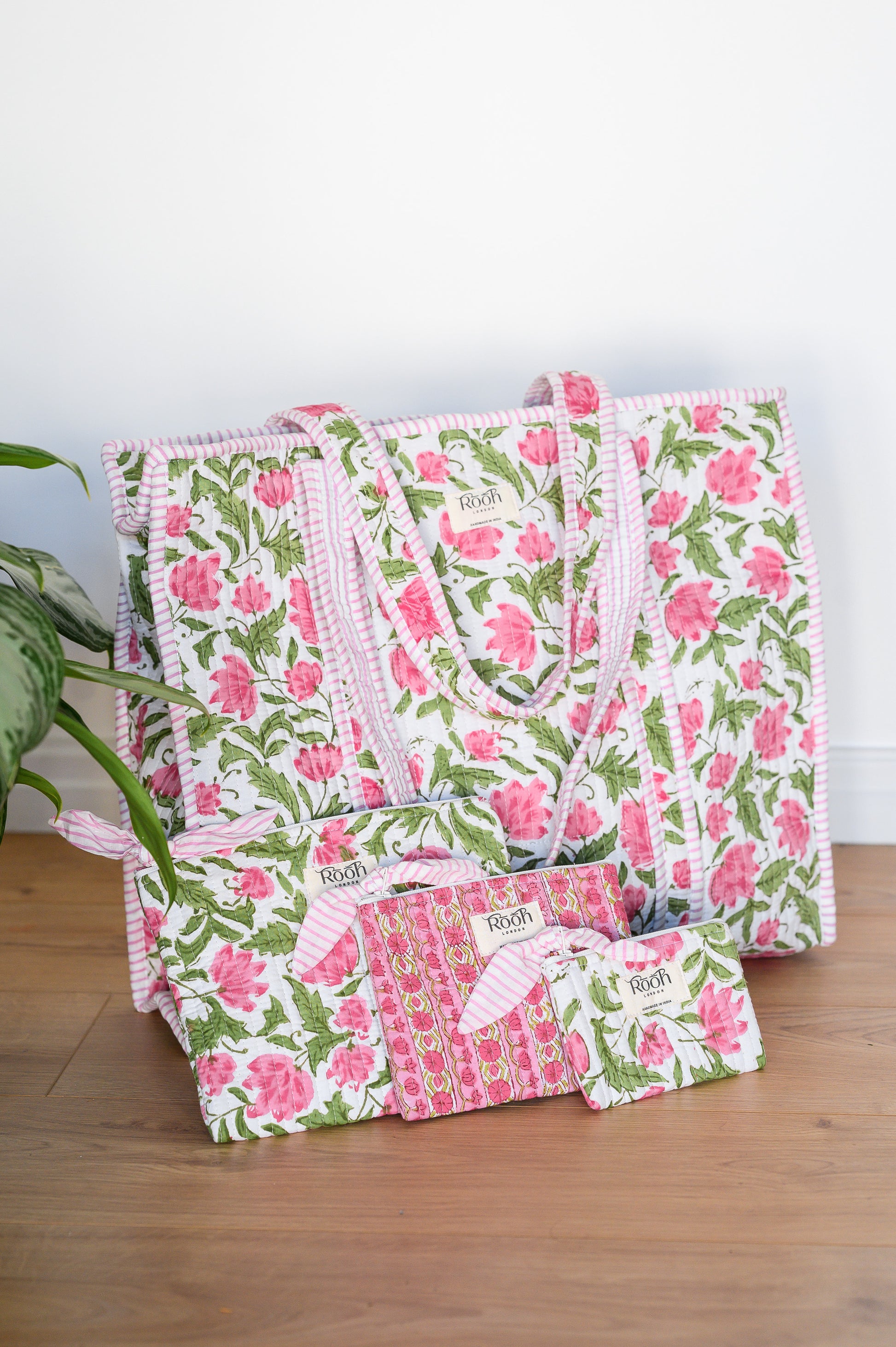PINK FLORAL BLOCK PRINT QUILTED TOTE BAG