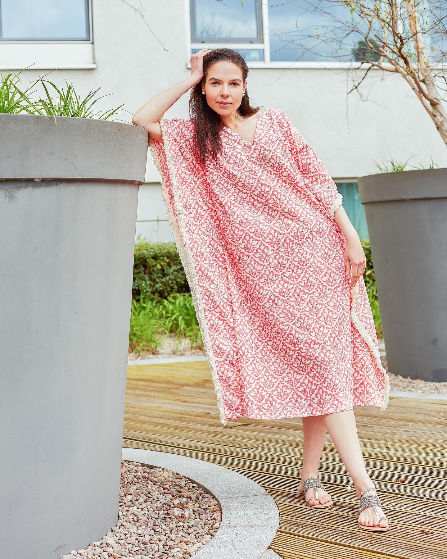 LARA BLOCK PRINT LONG KAFTAN IN CORAL JAAL