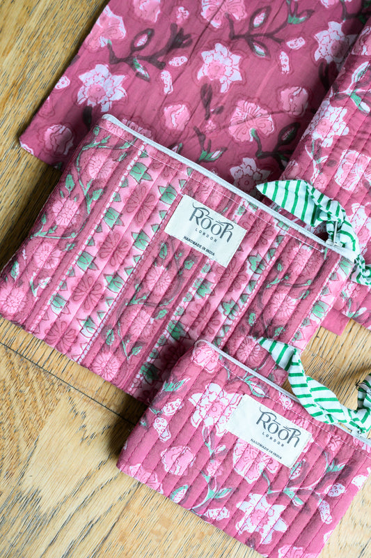 DUSTY ROSE FLORAL QUILTED TRAVEL & COSMETIC POUCH SET