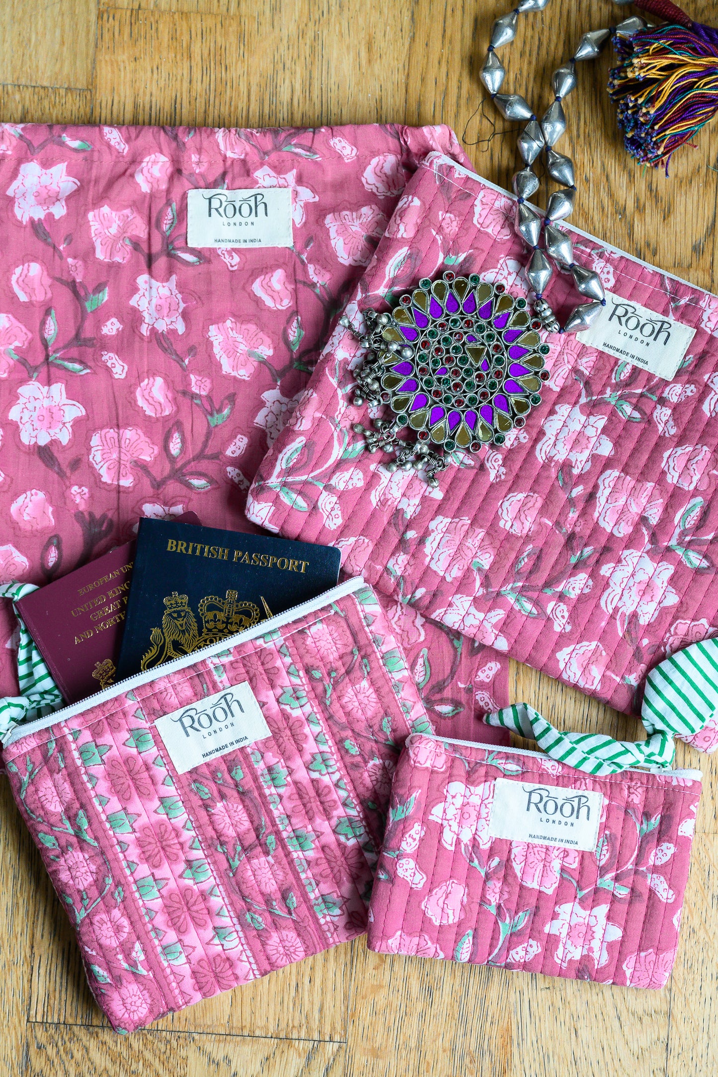 DUSTY ROSE FLORAL QUILTED TRAVEL & COSMETIC POUCH SET