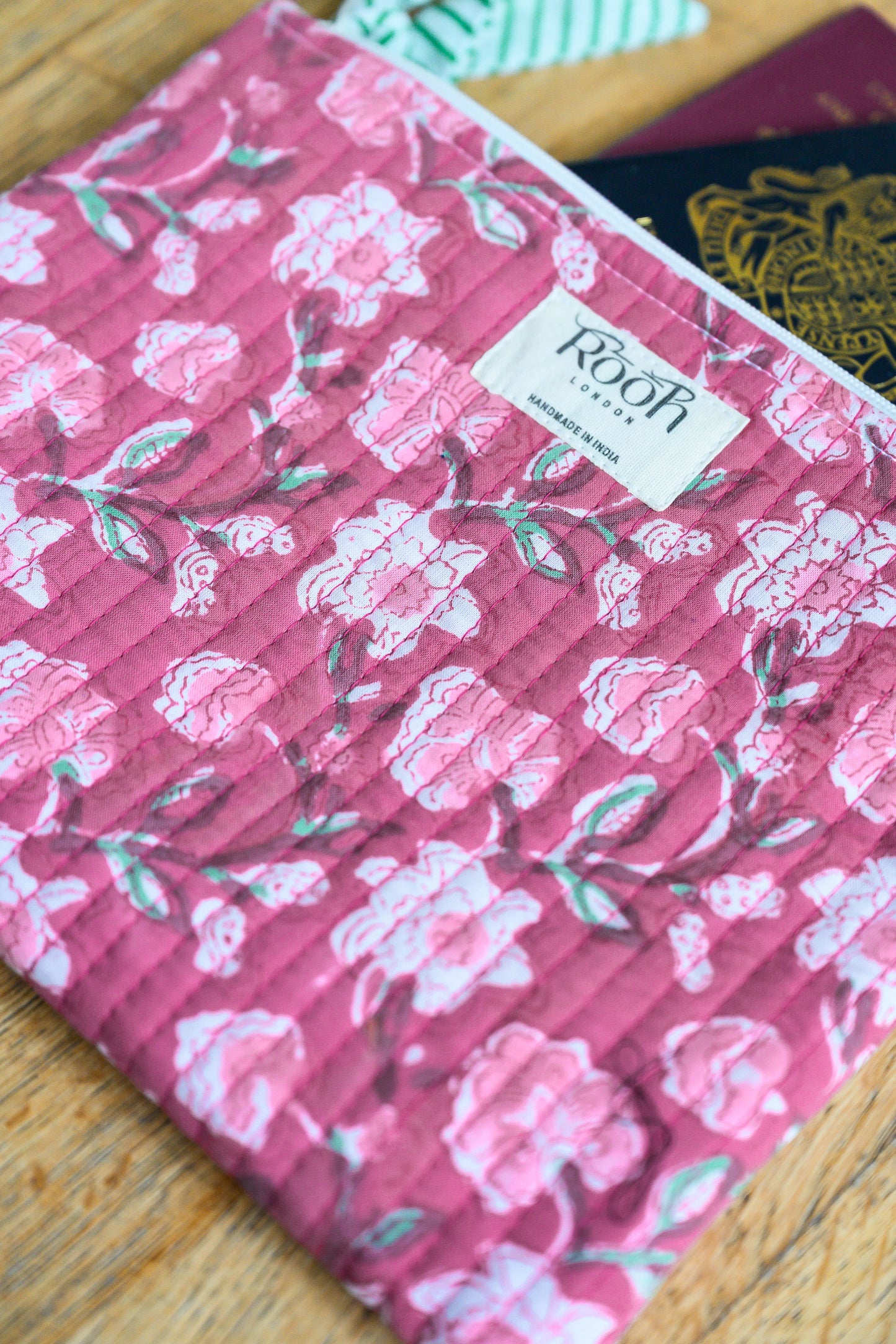 DUSTY ROSE FLORAL QUILTED TRAVEL & COSMETIC POUCH SET