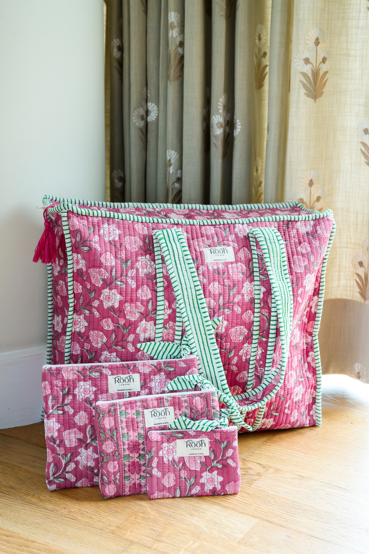 DUSTY ROSE FLORAL QUILTED TRAVEL & COSMETIC POUCH SET