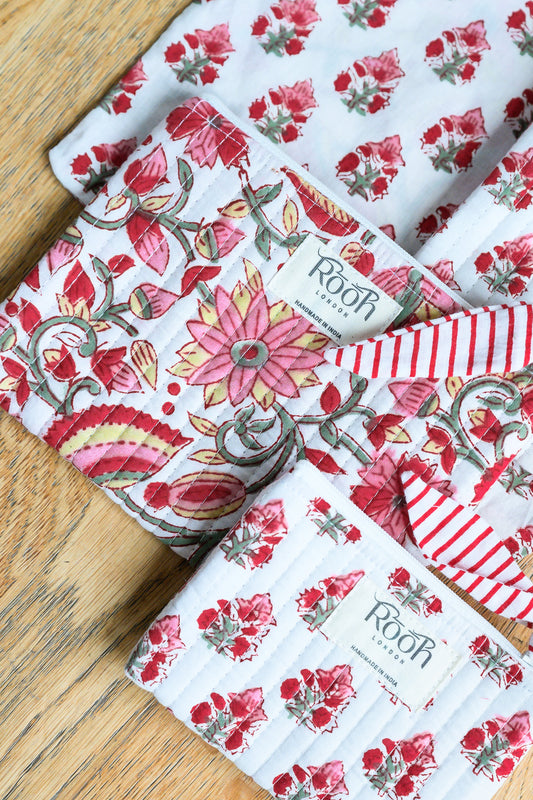 CRIMSON BLOOM FLORAL QUILTED TRAVEL & COSMETIC POUCH SET