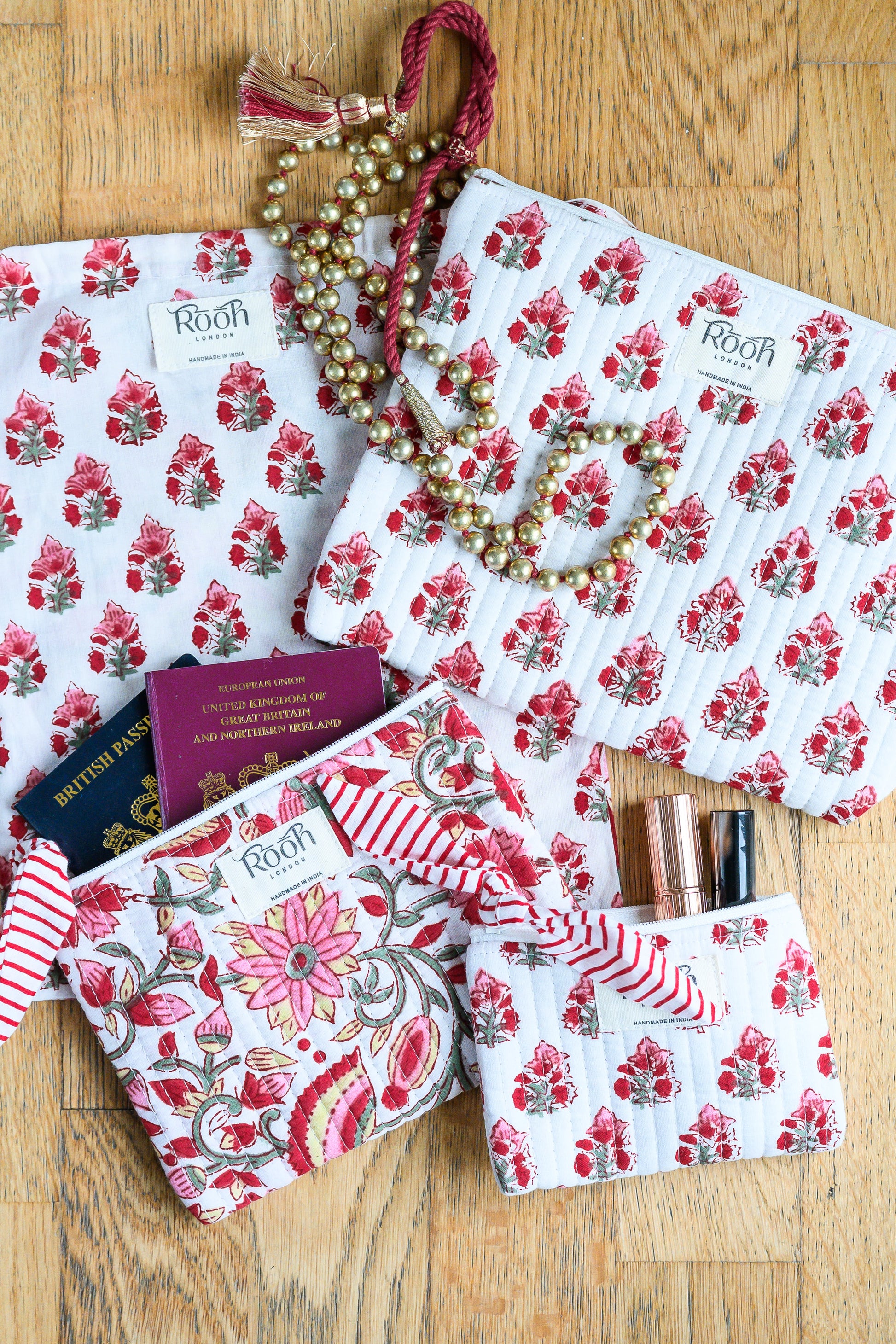 Hand block printed Crimson Bloom quilted pouch set with tassels.