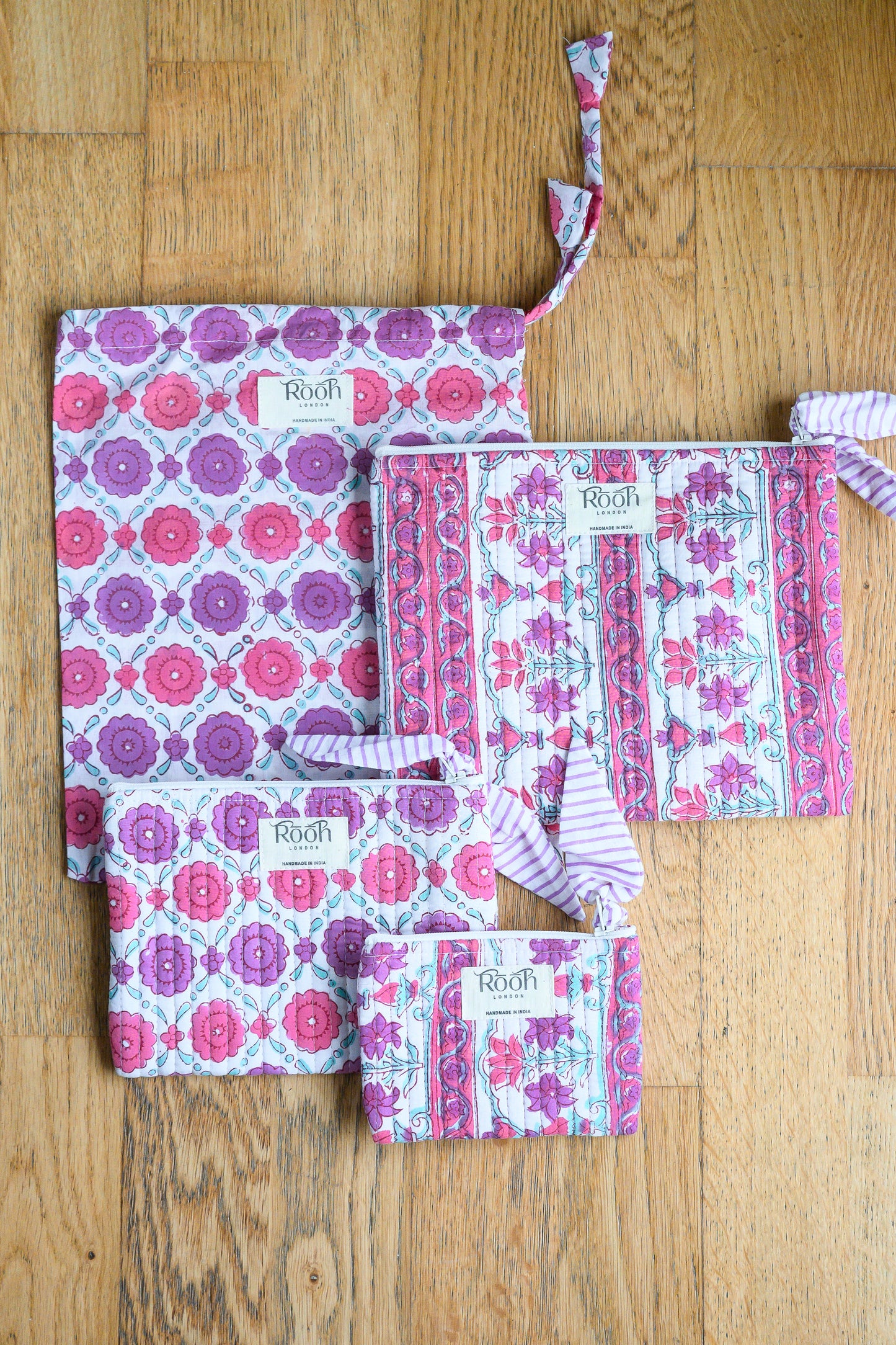 PEONY STRIPE FLORAL QUILTED TRAVEL & COSMETIC POUCH SET