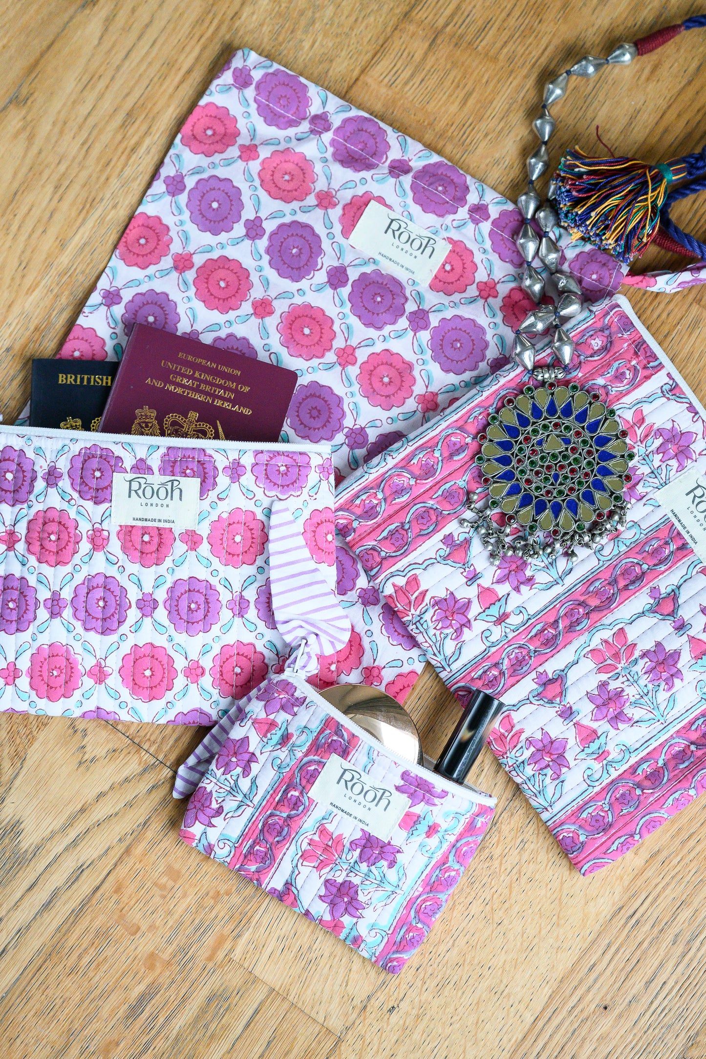 PEONY STRIPE FLORAL QUILTED TRAVEL & COSMETIC POUCH SET