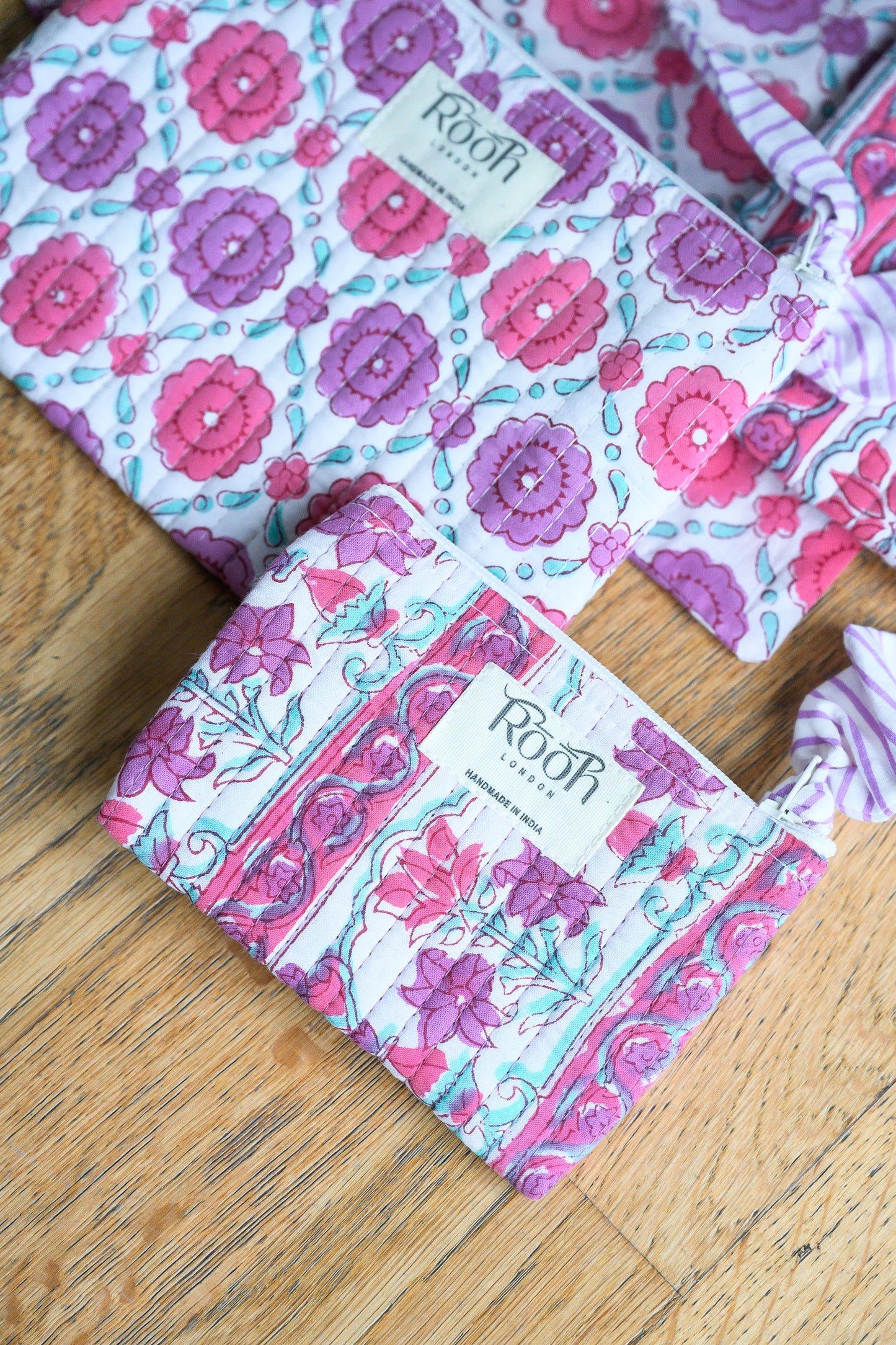 PEONY STRIPE FLORAL QUILTED TRAVEL & COSMETIC POUCH SET