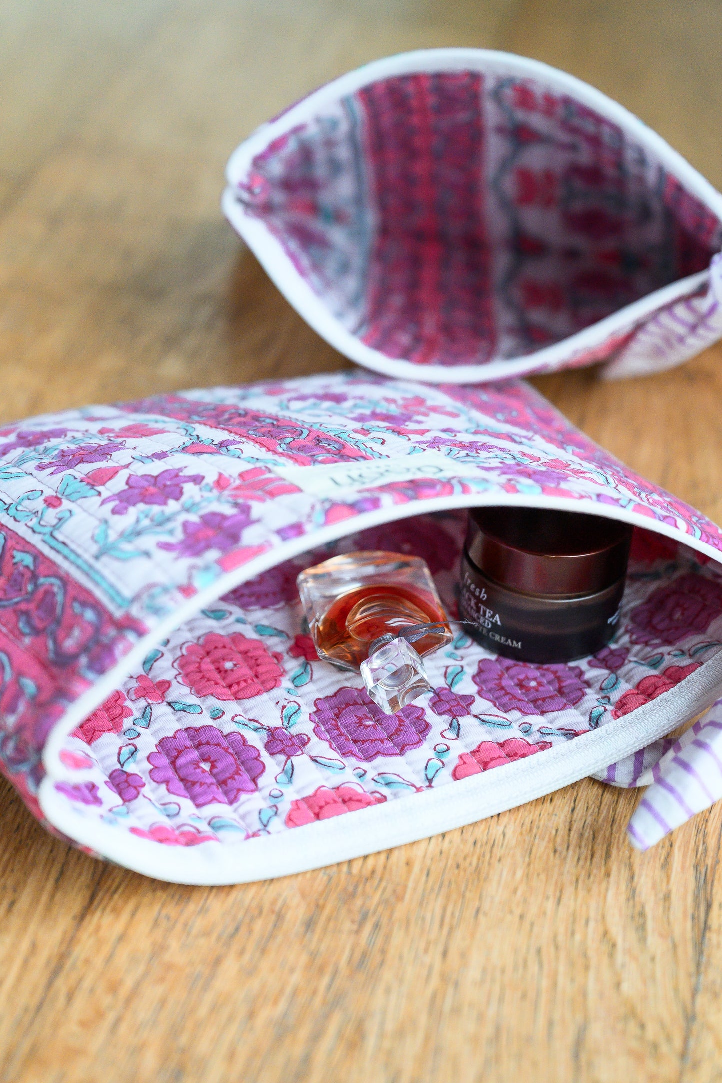 PEONY STRIPE FLORAL QUILTED TRAVEL & COSMETIC POUCH SET