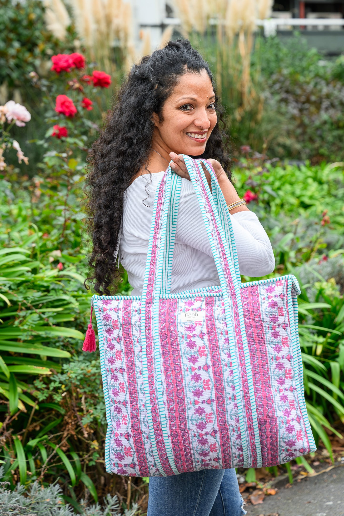 PEONY STRIPE FLORAL QUILTED TOTE BAG