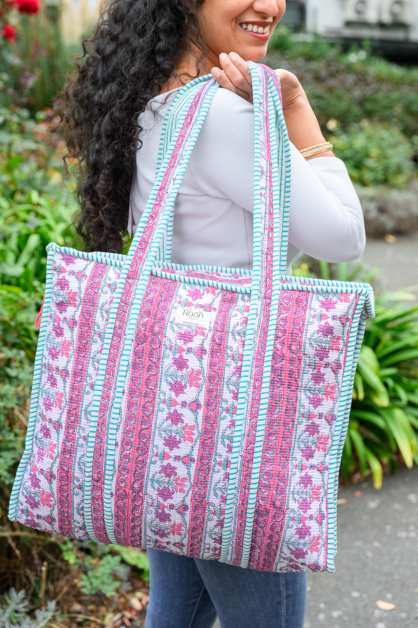 PEONY STRIPE FLORAL QUILTED TOTE BAG