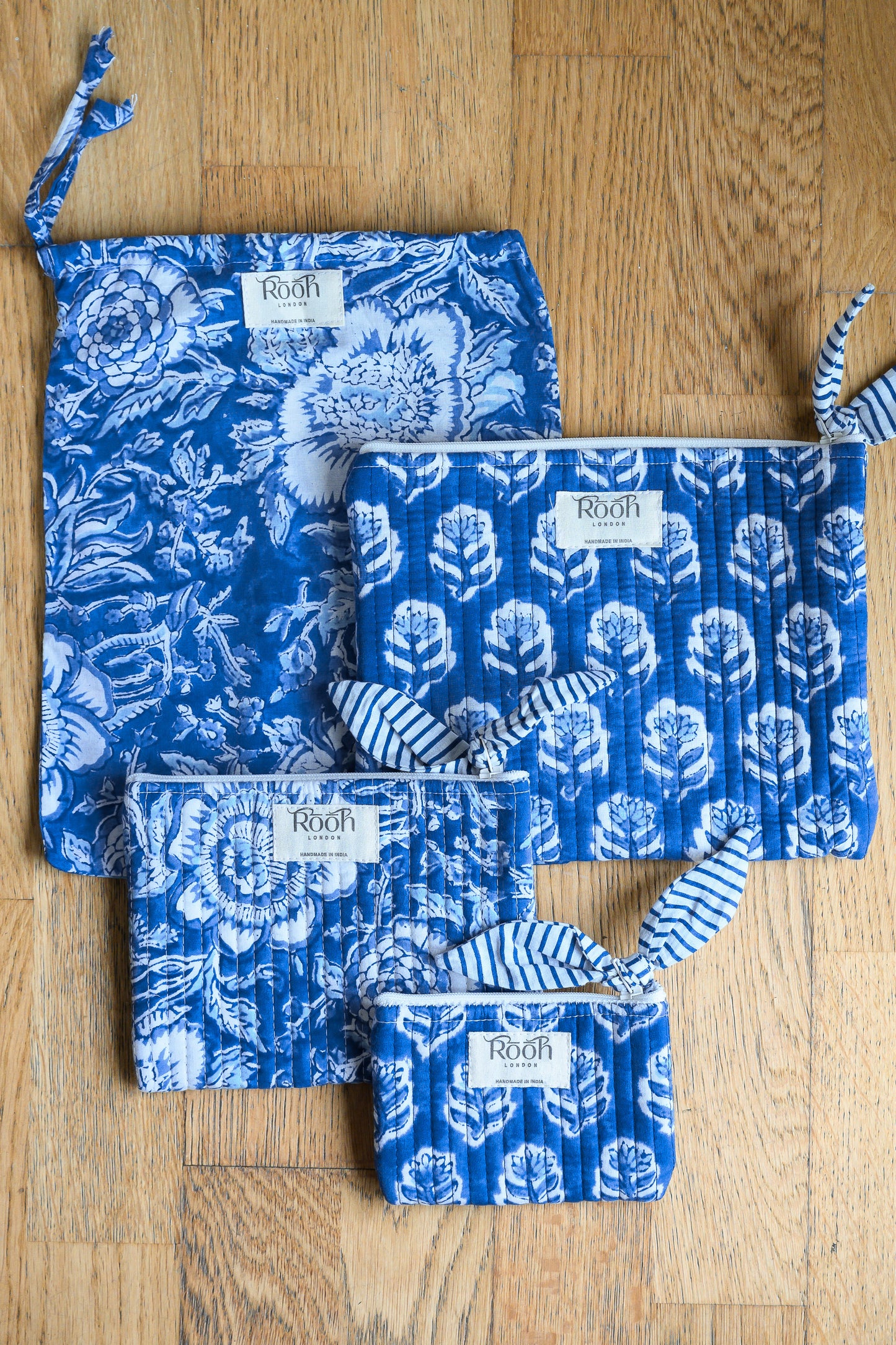 INDIGO BLOSSOM QUILTED TRAVEL & COSMETIC POUCH SET