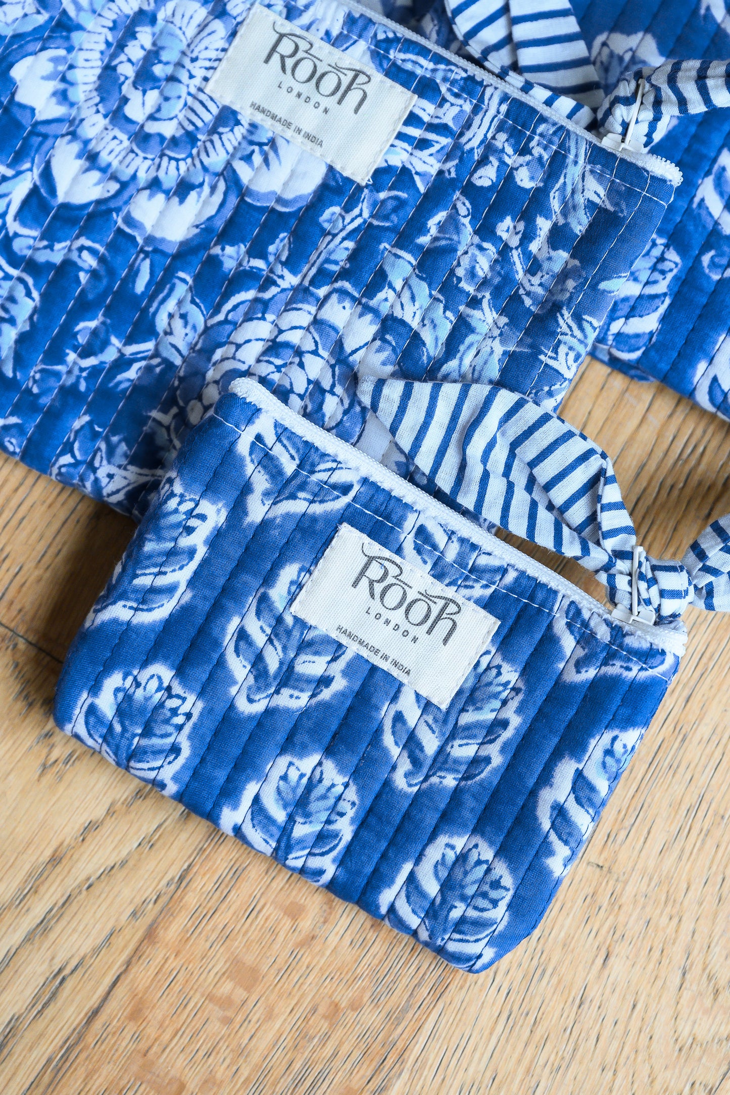 INDIGO BLOSSOM QUILTED TRAVEL & COSMETIC POUCH SET