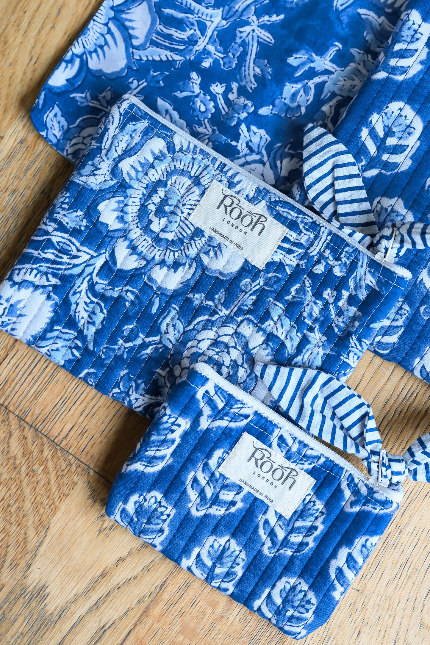 INDIGO BLOSSOM QUILTED TRAVEL & COSMETIC POUCH SET