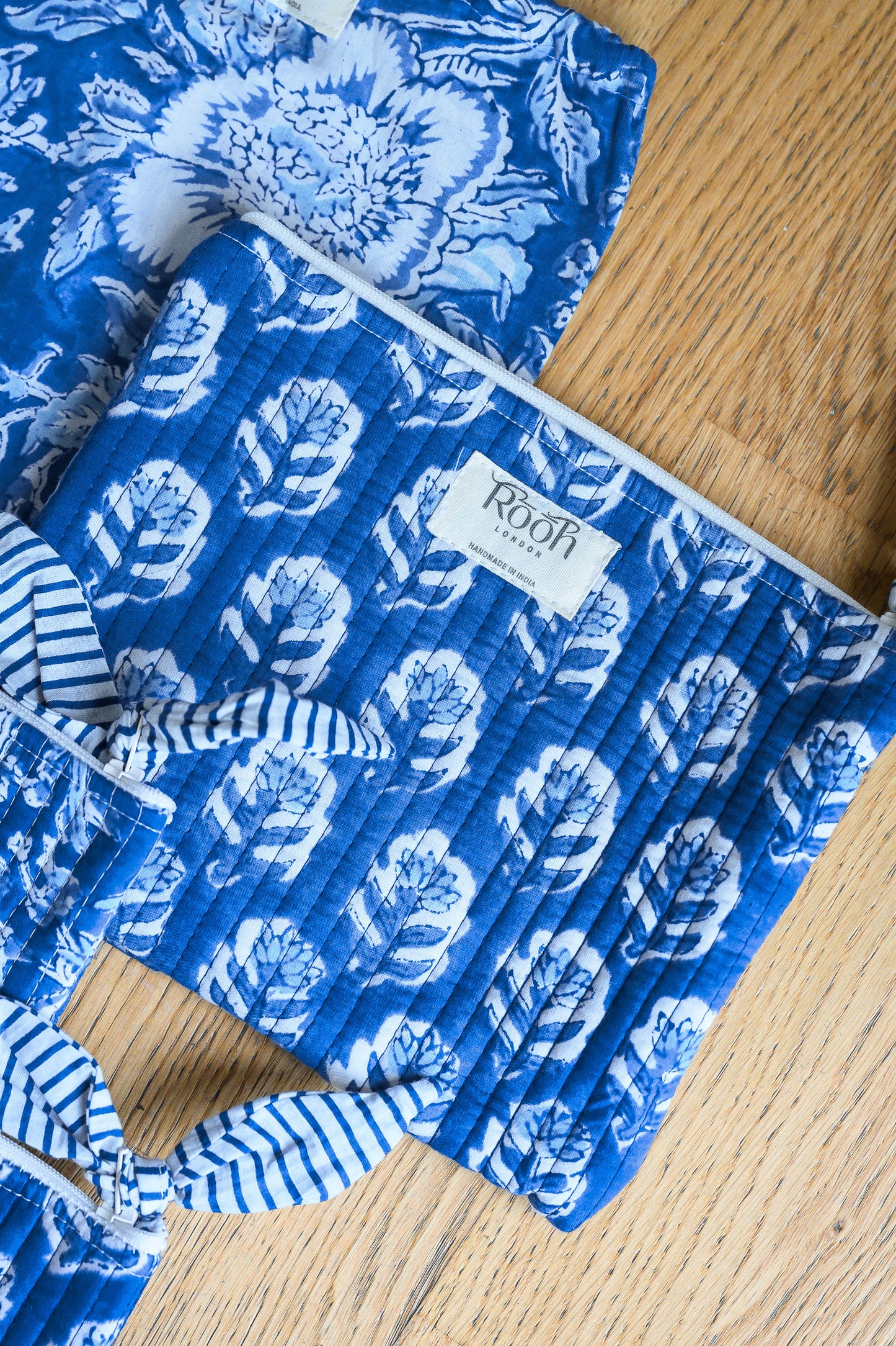 INDIGO BLOSSOM QUILTED TRAVEL & COSMETIC POUCH SET