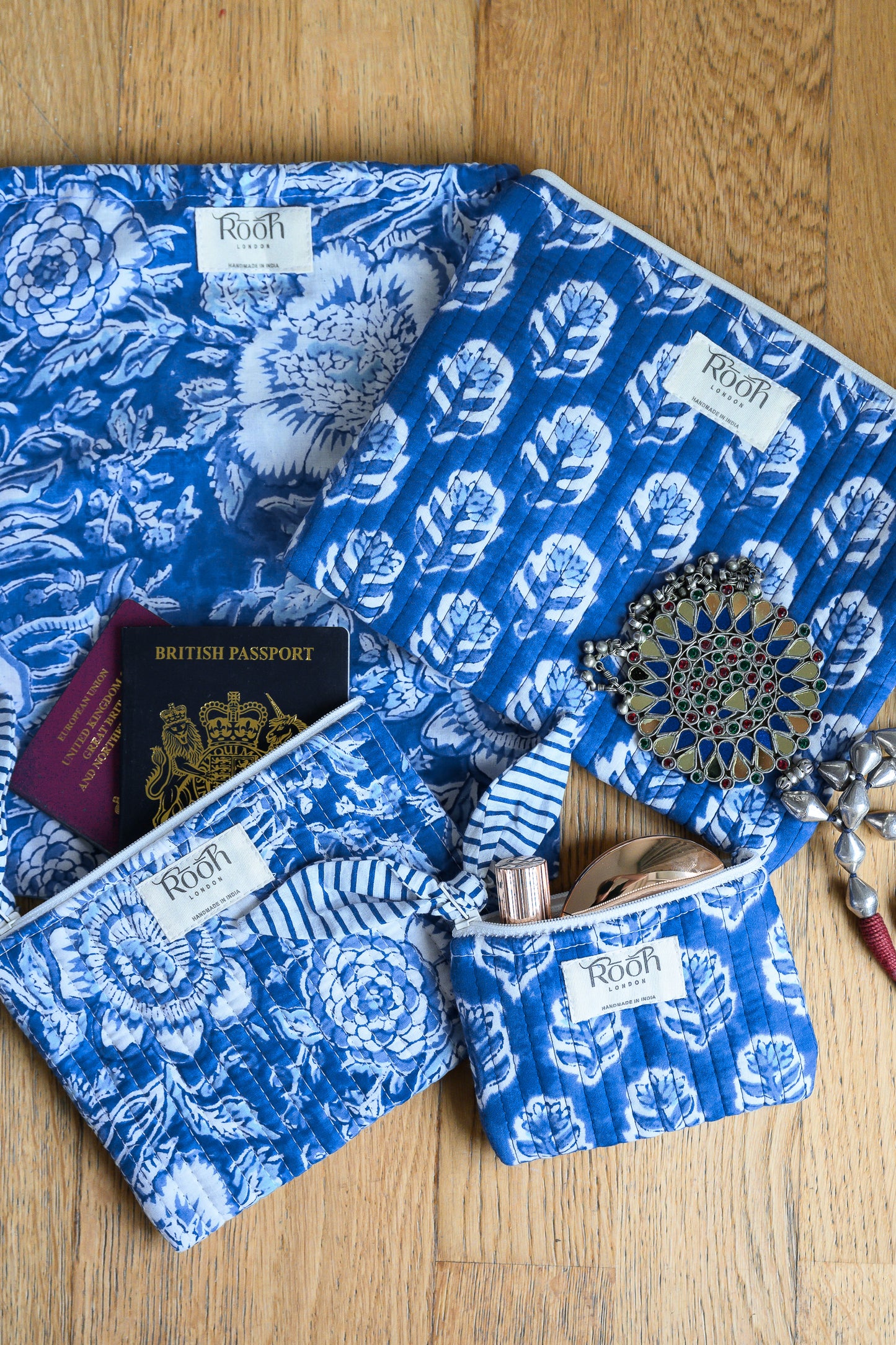 INDIGO BLOSSOM QUILTED TRAVEL & COSMETIC POUCH SET
