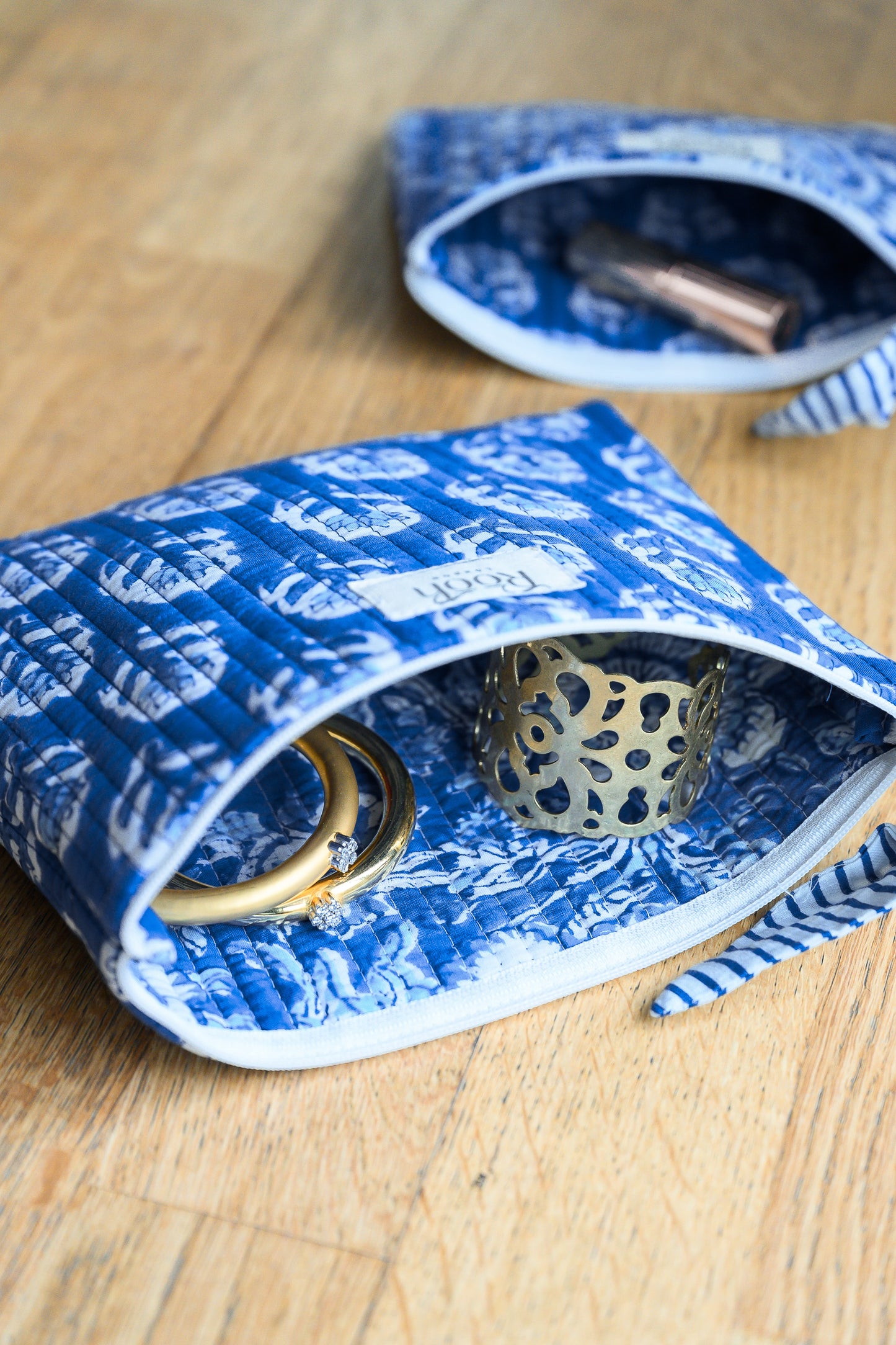 INDIGO BLOSSOM QUILTED TRAVEL & COSMETIC POUCH SET