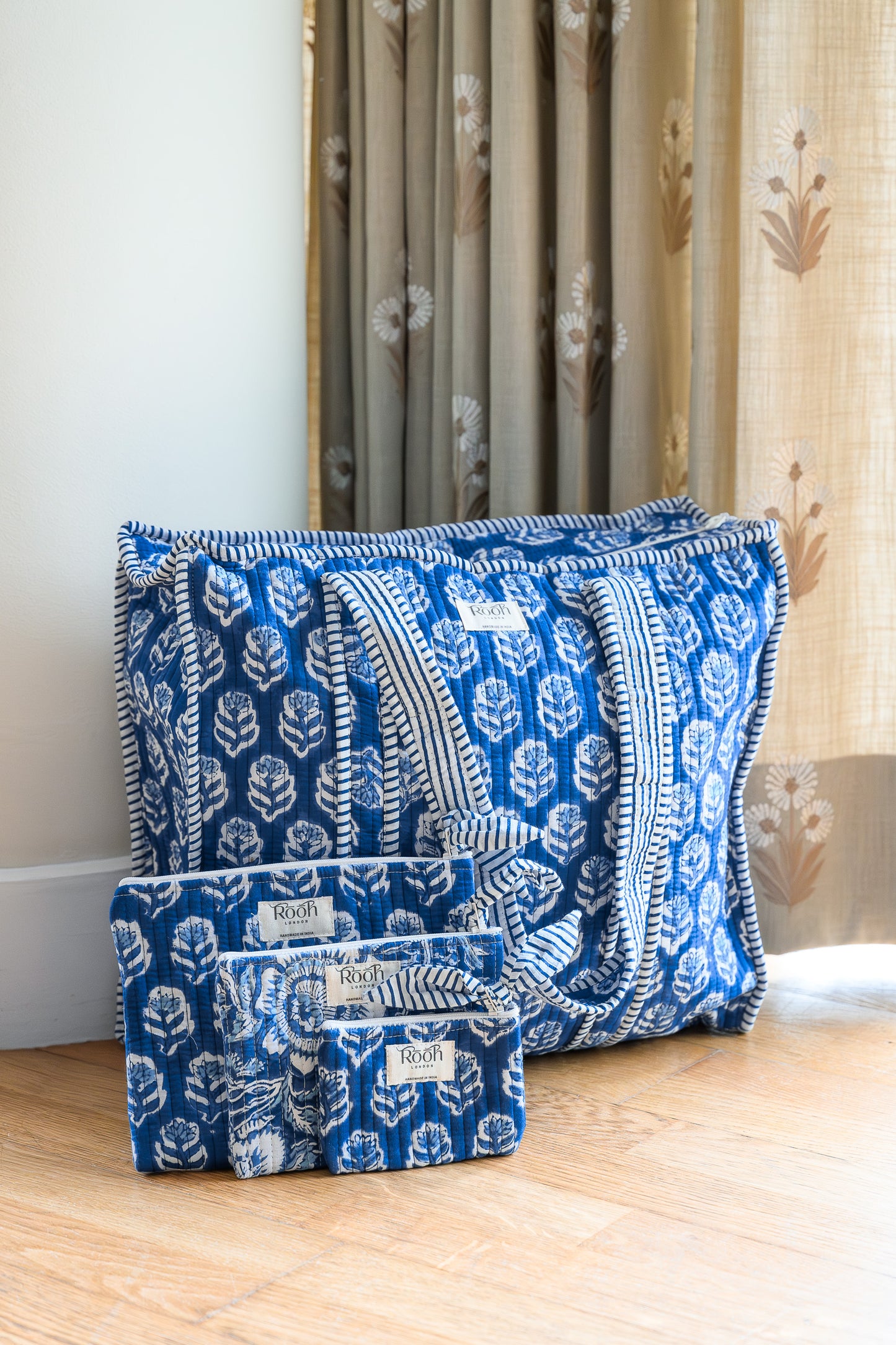 INDIGO BLOSSOM QUILTED TRAVEL & COSMETIC POUCH SET