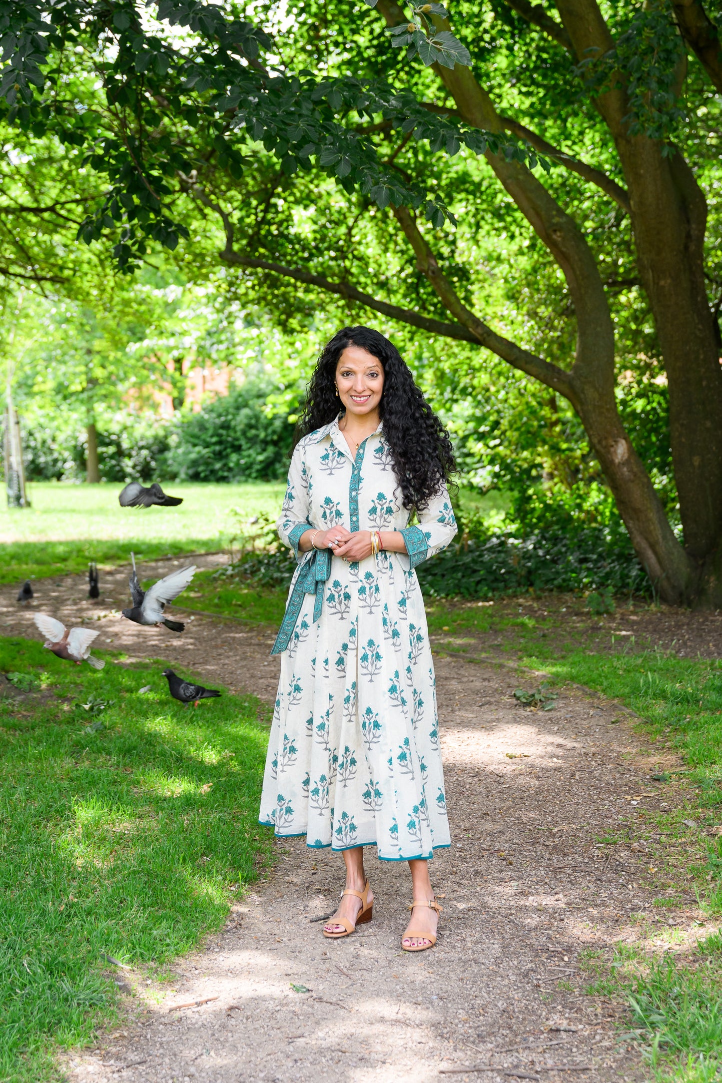 MAYA DRESS - IVORY & PEACOCK BLUE