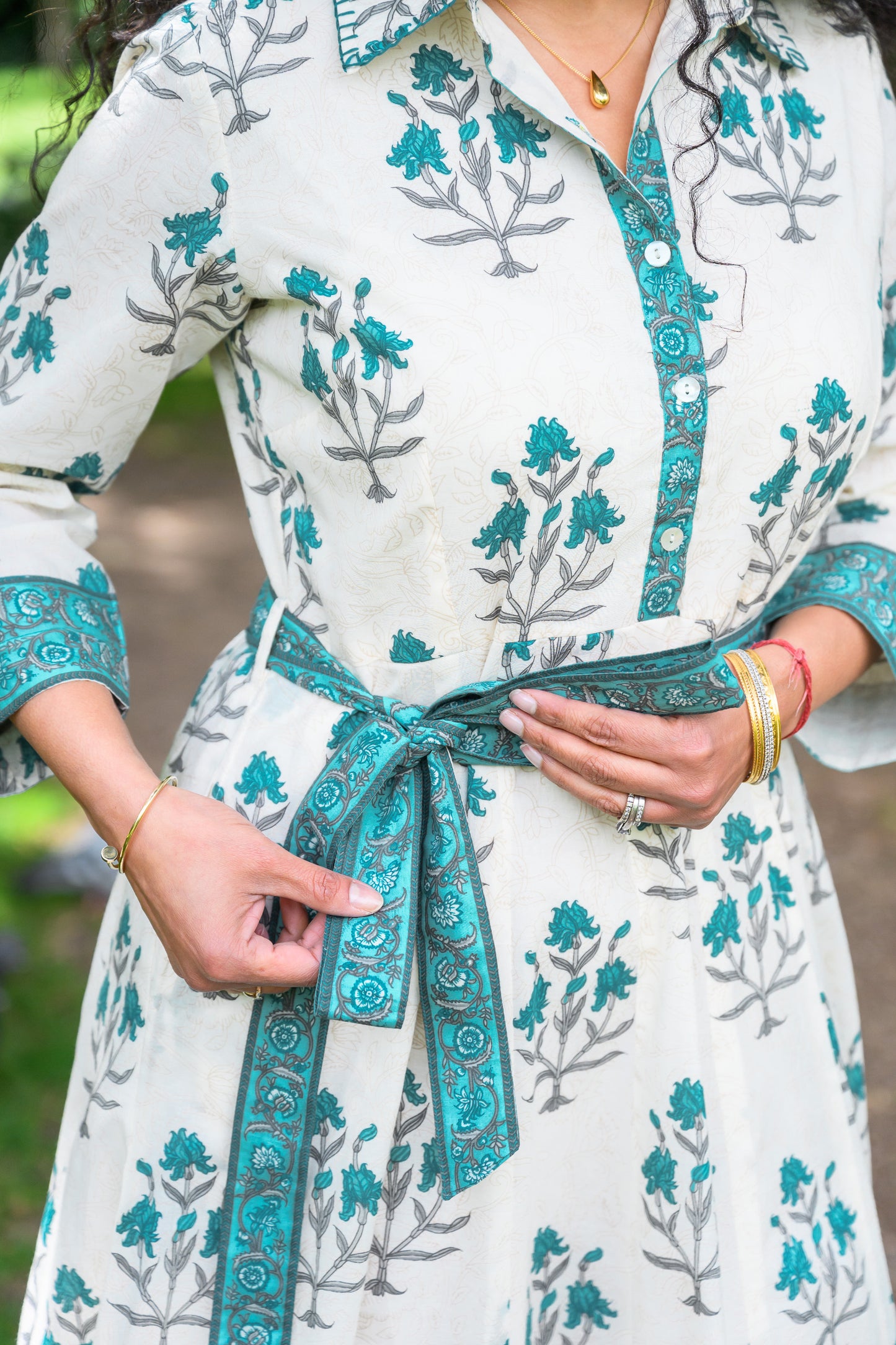 MAYA DRESS - IVORY & PEACOCK BLUE